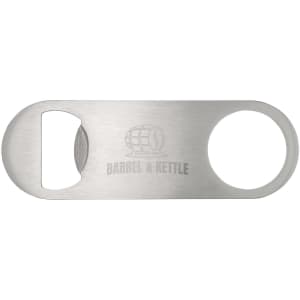 A drink bottle opener in a brushed stainless steel finish with a circular hole and a logo engraved on it.