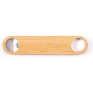A drink bottle opener made of bamboo, featuring a sleek design with two circular cutouts. It has a logo on it.