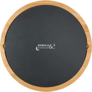A round cheese board made of bamboo with a dark slate surface; features a logo in the centre.