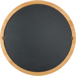 A round cheese board with a natural bamboo edge and a black slate surface. It features two handles.