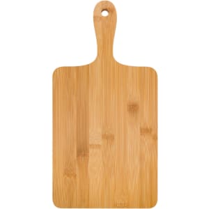 A bamboo serving board with a rectangular shape and a hanging hole at the top. It features a smooth, natural wood finish.