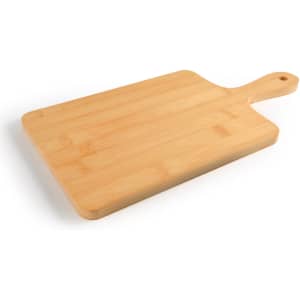 A bamboo serving board in a rectangular shape with a handle, showcasing a natural wood finish.