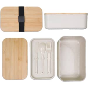 A bamboo-lid lunch box with a white container, featuring a fork, knife, and spoon inside. It has a logo.