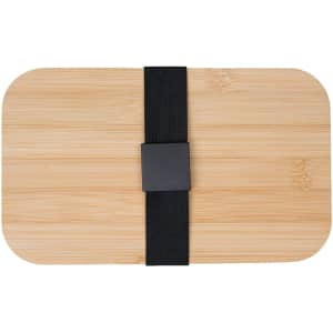 A bamboo lunch box with a black strap, featuring a simple rectangular design and a smooth finish.