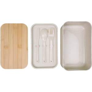 A bamboo-lid lunch box in beige, with a removable inner compartment and utensils including a spoon, fork, and knife.