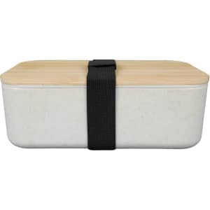 A lunch box featuring a natural bamboo lid and a textured white base, secured with a black elastic strap.