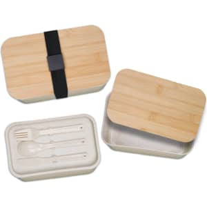 A bamboo-lid lunch box in natural tones, featuring a removable tray with utensils and a black elastic strap.
