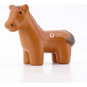 A brown horse-shaped stress reliever with a textured finish and a logo on the side.