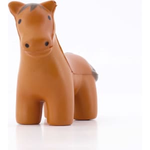A brown horse-shaped stress reliever with a simple design, featuring a light tan body and darker accents.