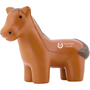 A brown horse-shaped stress reliever with black accents and a logo on the side, designed for fun and relaxation.