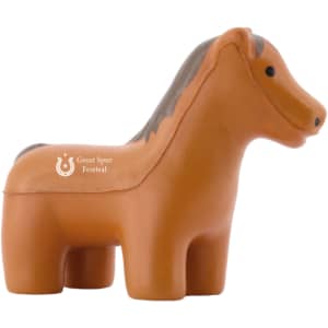 A brown horse-shaped stress reliever with a textured mane and a branded logo on one side.