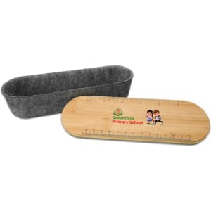 A gray felt container with a bamboo lid featuring a logo and a ruler design. The lid has a playful illustration.