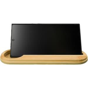 A sleek bamboo stand holds a tablet in an upright position, showcasing the minimalist design.