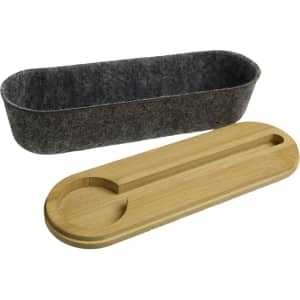 A gray felt utility case with a bamboo lid. The lid features a cut-out for easy access to the contents.