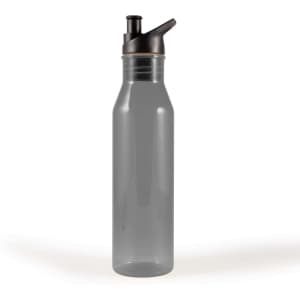 A drink bottle featuring a sleek transparent design with a black flip-top lid and straw.