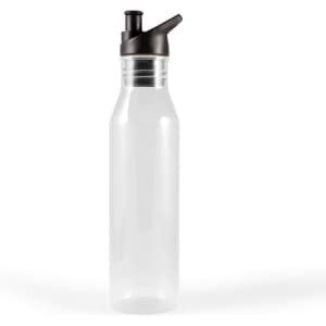 A drink bottle in transparent material with a black spout and lid, featuring a simple design.