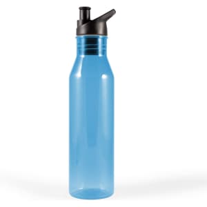 A drink bottle in a transparent blue color with a black spout and an attached lid. It has a logo on it.