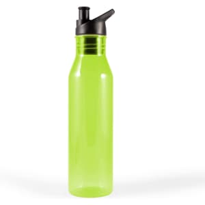 A drink bottle in a vibrant lime green color with a black flip-top spout and a sleek, transparent design.
