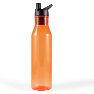 A drink bottle in orange with a black lid and spout, featuring a visible logo.