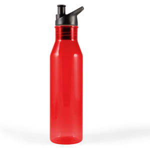 A drink bottle with a sleek design in bright red, featuring a black spout and a flip-top lid for easy access.