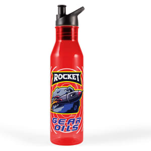 A drink bottle in bright red with a logo featuring a cartoon character and graphic design elements.