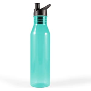 A drink bottle in a vibrant teal color with a black lid and a spout, featuring a logo on the surface.