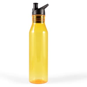 A drink bottle with a transparent yellow body and a black, flip-top spout design.