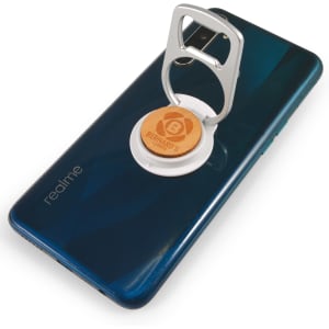 A drink bottle opener attached to a smartphone stand in silver and white, featuring a wooden circular base with a logo.