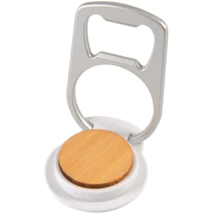 A drink bottle opener and phone stand featuring a silver metal opener and a round wooden base. It has a logo.