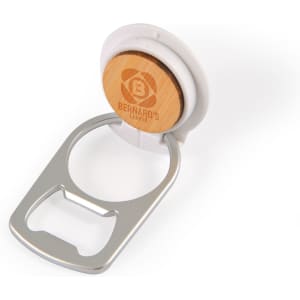 A drink bottle opener with a bamboo top and a silver metal opener, featuring a logo on the wooden section.