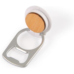 A drink bottle opener phone stand featuring a silver metal opener and a round wooden base. It has a simple, modern design.