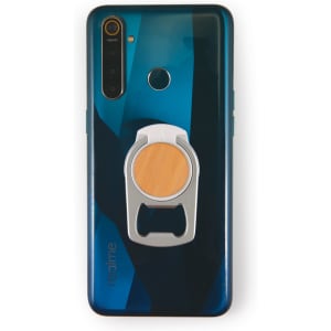 A drink bottle opener designed as a phone stand, featuring a sleek silver and wooden design, attached to a smartphone.