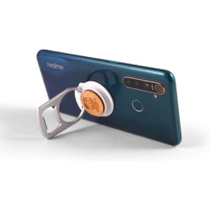 A drink bottle opener phone stand in silver and wood attached to a green smartphone, featuring a logo.