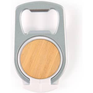 A drink bottle opener phone stand featuring a silver frame and a wooden base. Includes a logo on the design.