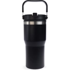A drink bottle in black with a silver accent and a handle, designed as a tumbler. It has a lid and a logo.