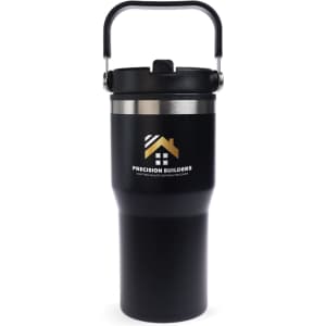 A drink bottle featuring a black exterior and stainless steel accents, with a handle and a logo.