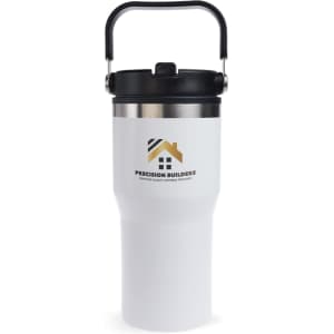 A drink bottle featuring a white body and black lid, equipped with a handle, showing a logo on the front.