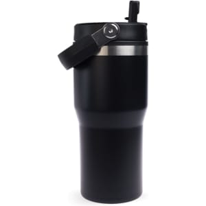 A drink tumbler in matte black with a silver accent and a black lid featuring a handle. It has a logo on the side.