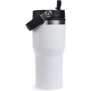 A drink bottle in white with a black lid and handle, featuring a stainless steel accent.