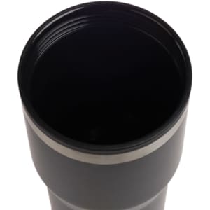 A drink bottle with a sleek black exterior and a stainless steel rim, featuring a wide opening and a smooth interior.