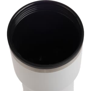 A drink bottle features a sleek white design with a stainless steel rim and a dark interior.