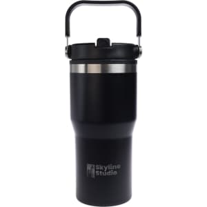 A drink bottle features a black stainless steel design with a handle and a logo. Suitable for beverages on the go.