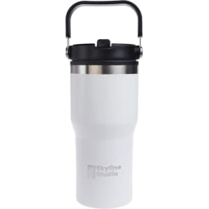 A drink bottle in white with a stainless steel lid and a black handle, featuring a logo.