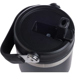 A drink bottle with a black lid and a handle, featuring a spout for easy sipping. The body is stainless steel.