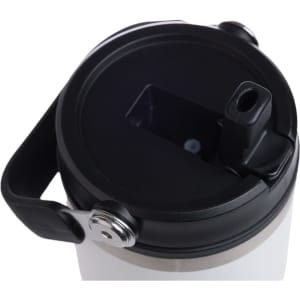 A drink bottle in white and black with a lid featuring a drinking spout and handle. It has a logo on the side.