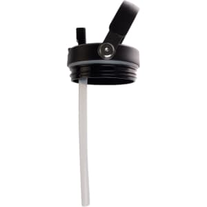 A drink bottle lid featuring a black design, complete with a retractable handle and a clear, flexible straw.