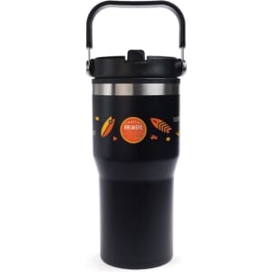 A drink bottle featuring a black design with a silver band and a handle, including a logo.