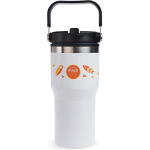 A drink tumbler in white and silver with a handle, featuring a design and a logo.