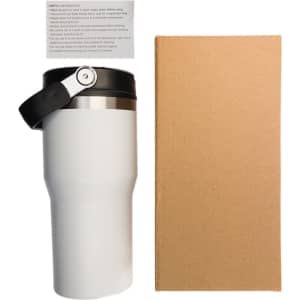 A drink bottle with a white exterior, stainless steel rim, and black lid, next to a brown cardboard box.