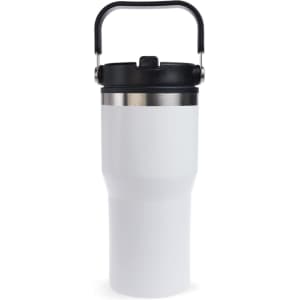 A drink bottle with a white body and black lid, featuring a handle and a metallic accent. It has a branded logo.